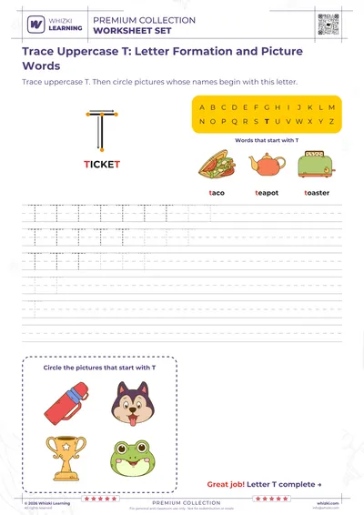 Trace Uppercase T: Letter Formation and Picture Words