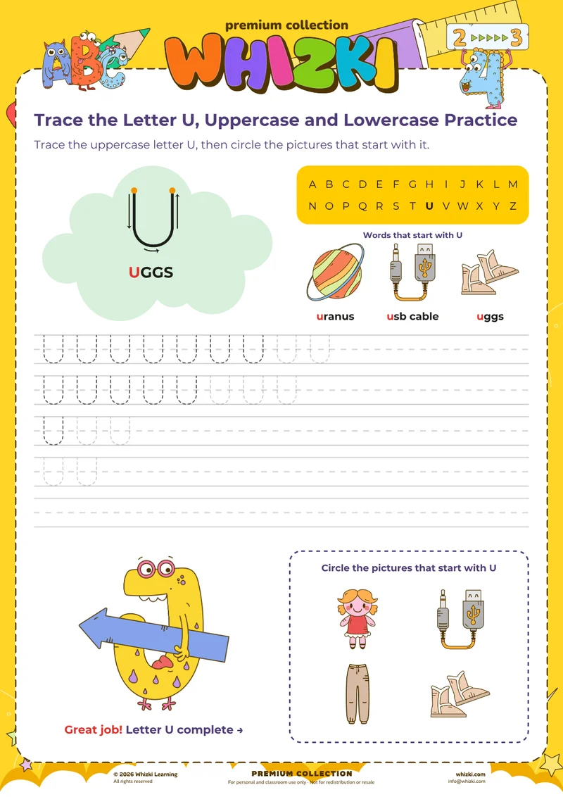 Trace the Letter U, Uppercase and Lowercase Practice