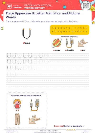 Trace Uppercase U: Letter Formation and Picture Words