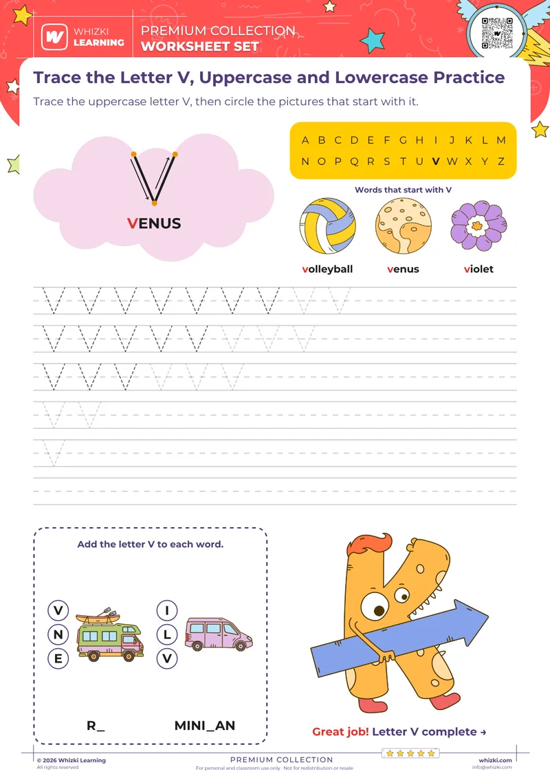 Trace the Letter V, Uppercase and Lowercase Practice