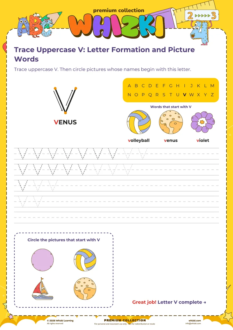 Trace Uppercase V: Letter Formation and Picture Words