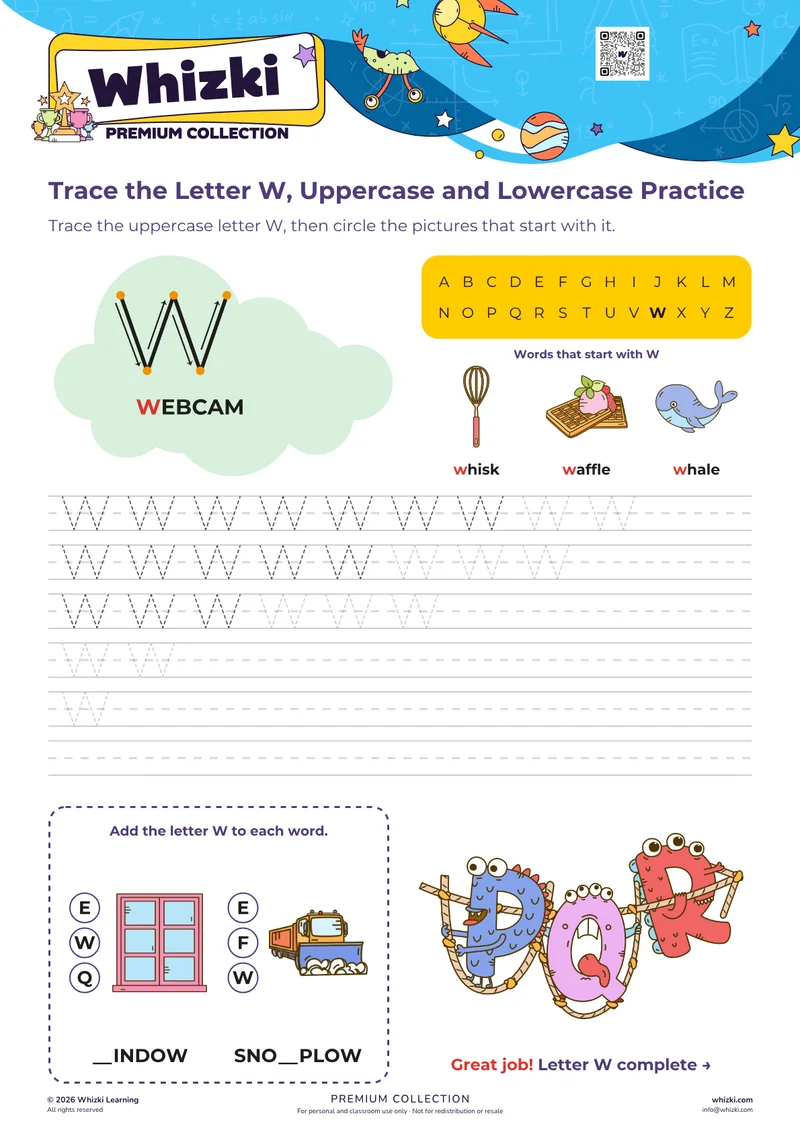 Trace the Letter W, Uppercase and Lowercase Practice