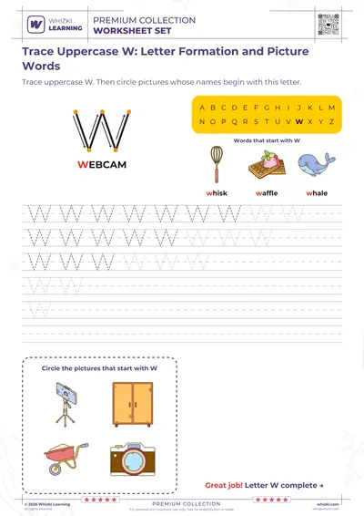 Trace Uppercase W: Letter Formation and Picture Words