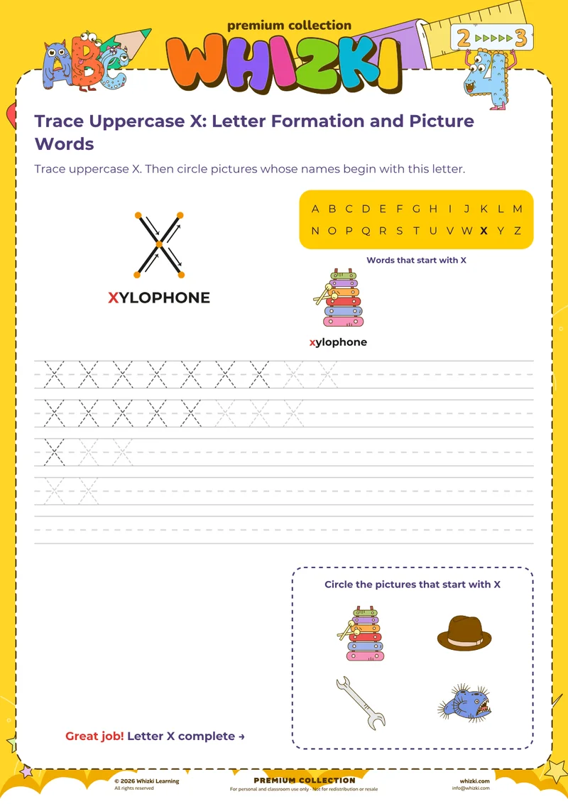 Trace Uppercase X: Letter Formation and Picture Words