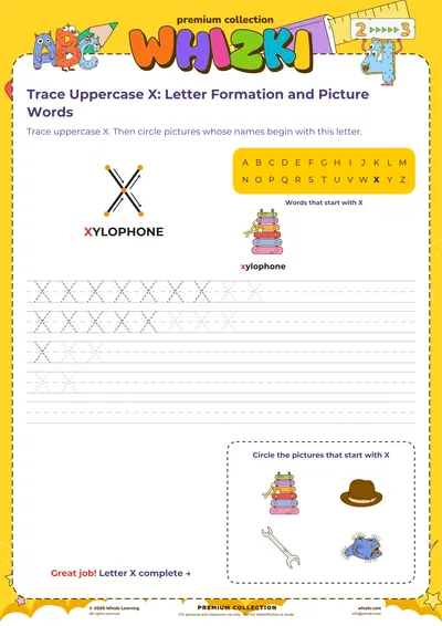 Trace Uppercase X: Letter Formation and Picture Words