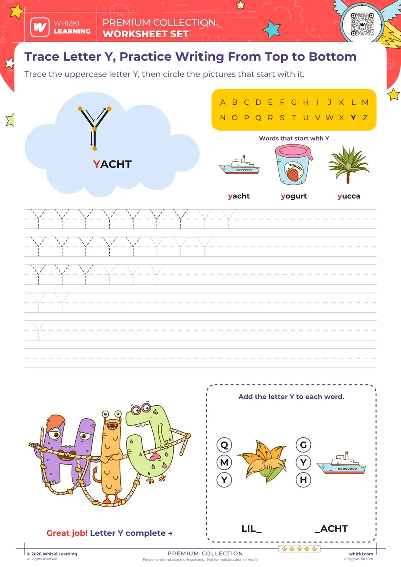 Trace Letter Y, Practice Writing From Top to Bottom