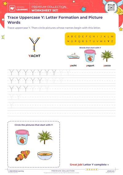 Trace Uppercase Y: Letter Formation and Picture Words