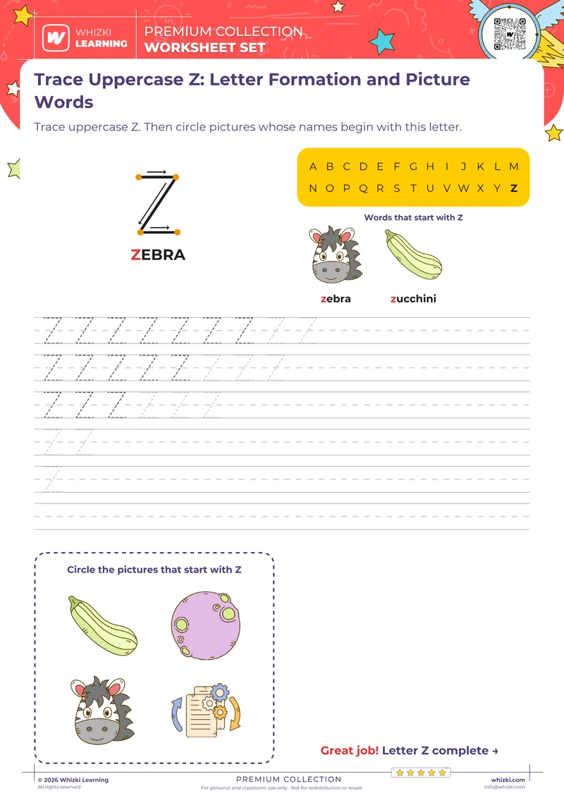 Trace Uppercase Z: Letter Formation and Picture Words