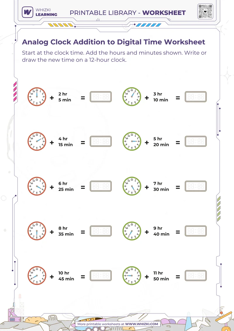 Analog Clock Addition to Digital Time Worksheet