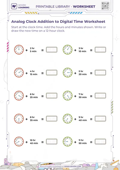 Analog Clock Addition to Digital Time Worksheet