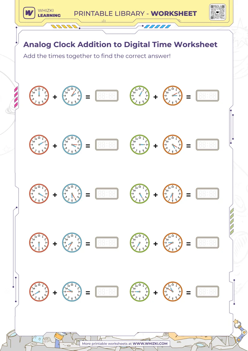 Analog Clock Addition to Digital Time Worksheet