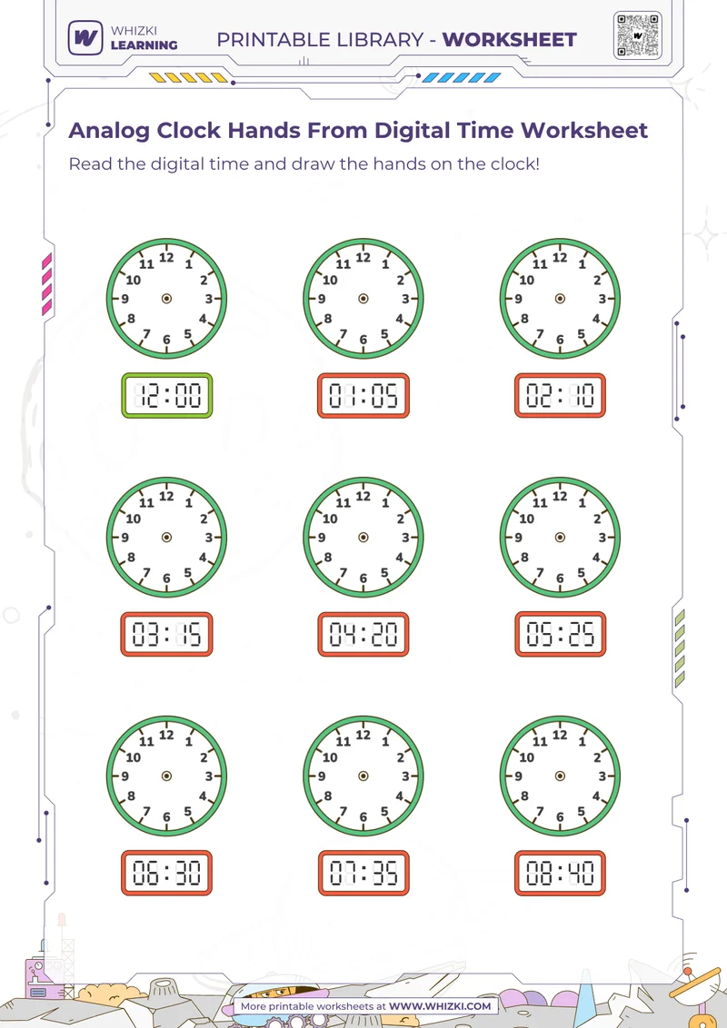 Analog Clock Hands From Digital Time Worksheet