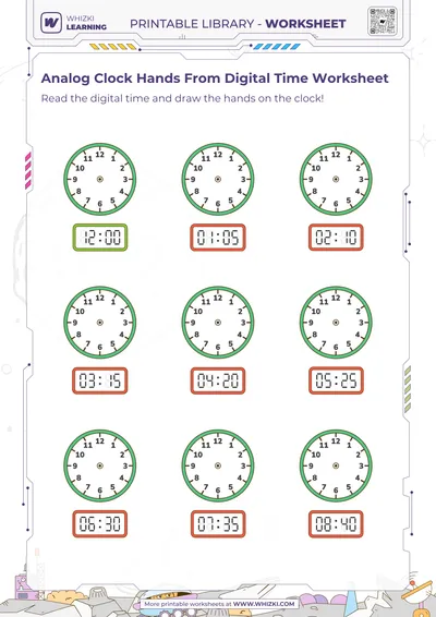 Analog Clock Hands From Digital Time Worksheet