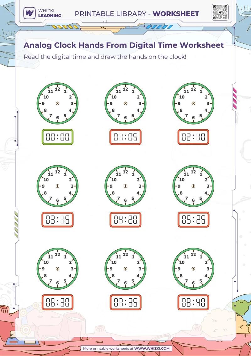 Analog Clock Hands From Digital Time Worksheet