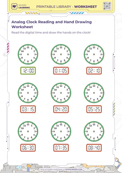 Analog Clock Reading and Hand Drawing Worksheet