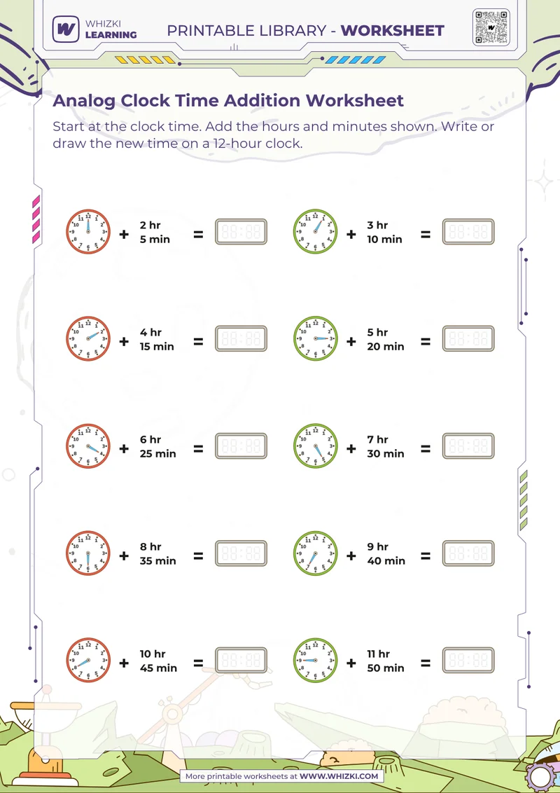 Analog Clock Time Addition Worksheet