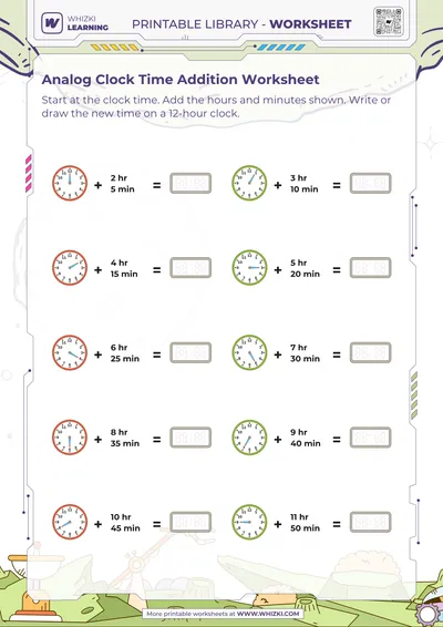 Analog Clock Time Addition Worksheet
