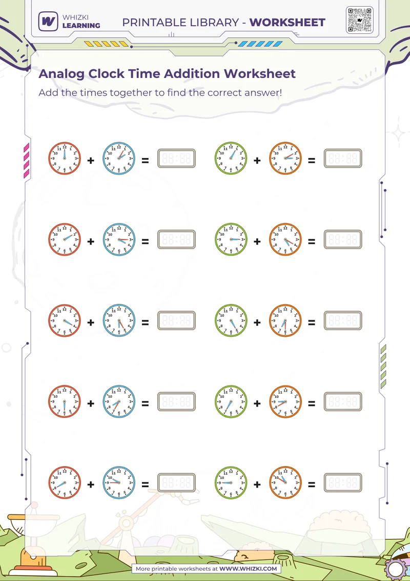 Analog Clock Time Addition Worksheet