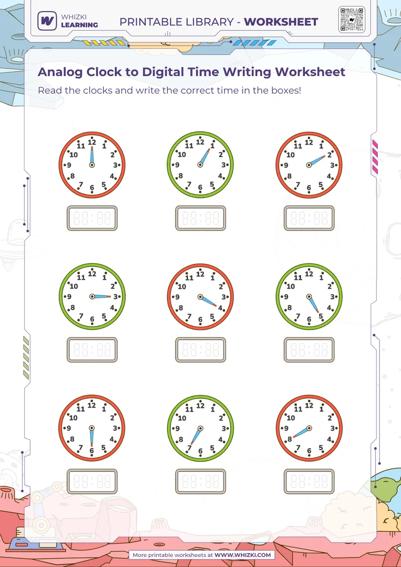 Analog Clock to Digital Time Writing Worksheet