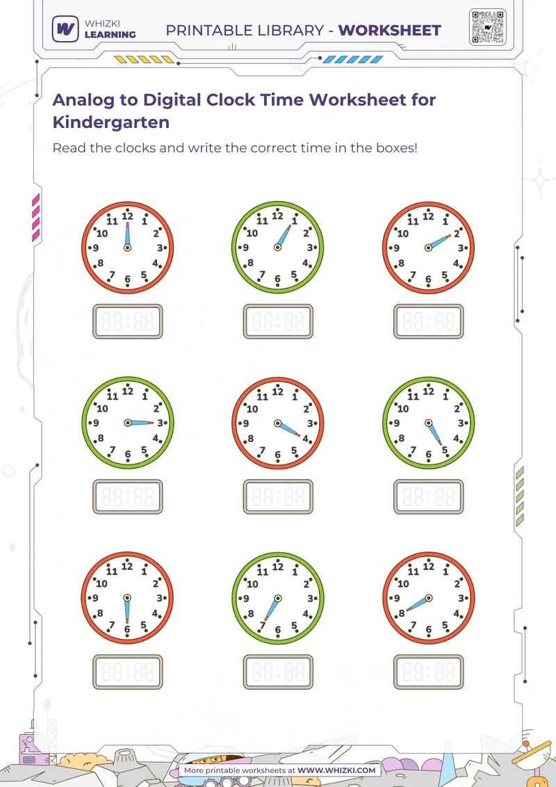 Analog to Digital Clock Time Worksheet for Kindergarten