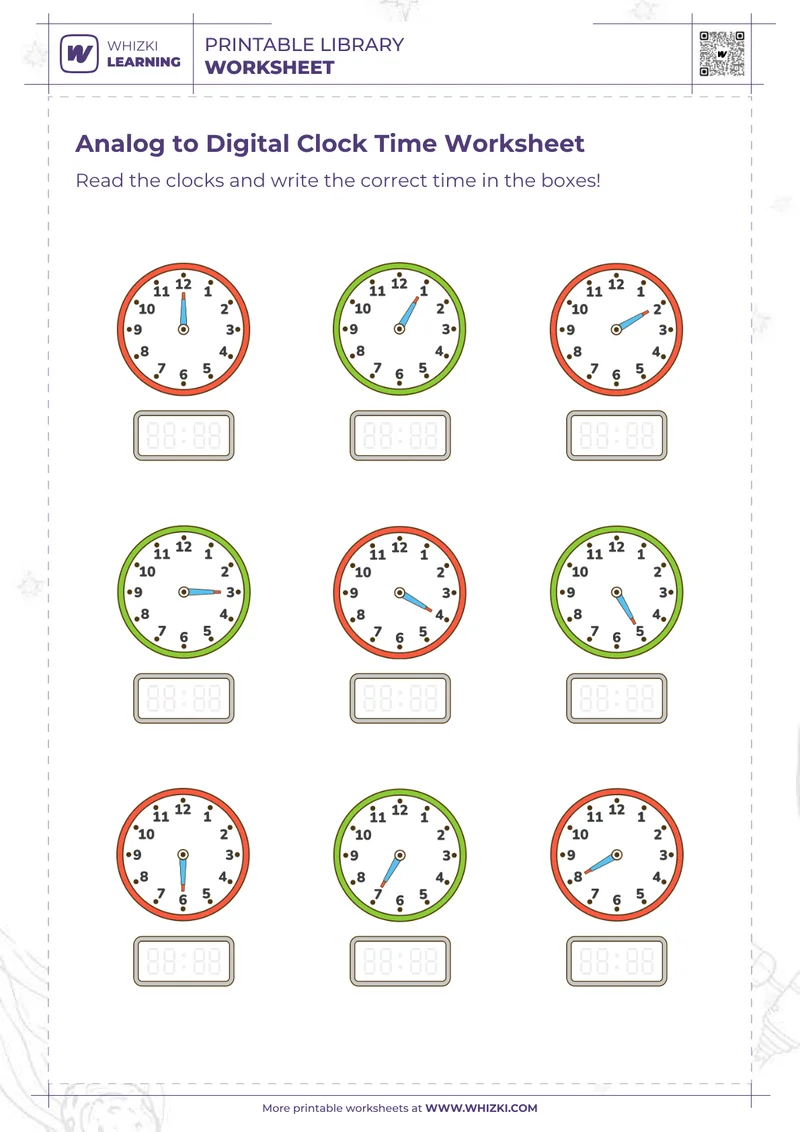 Analog to Digital Clock Time Worksheet