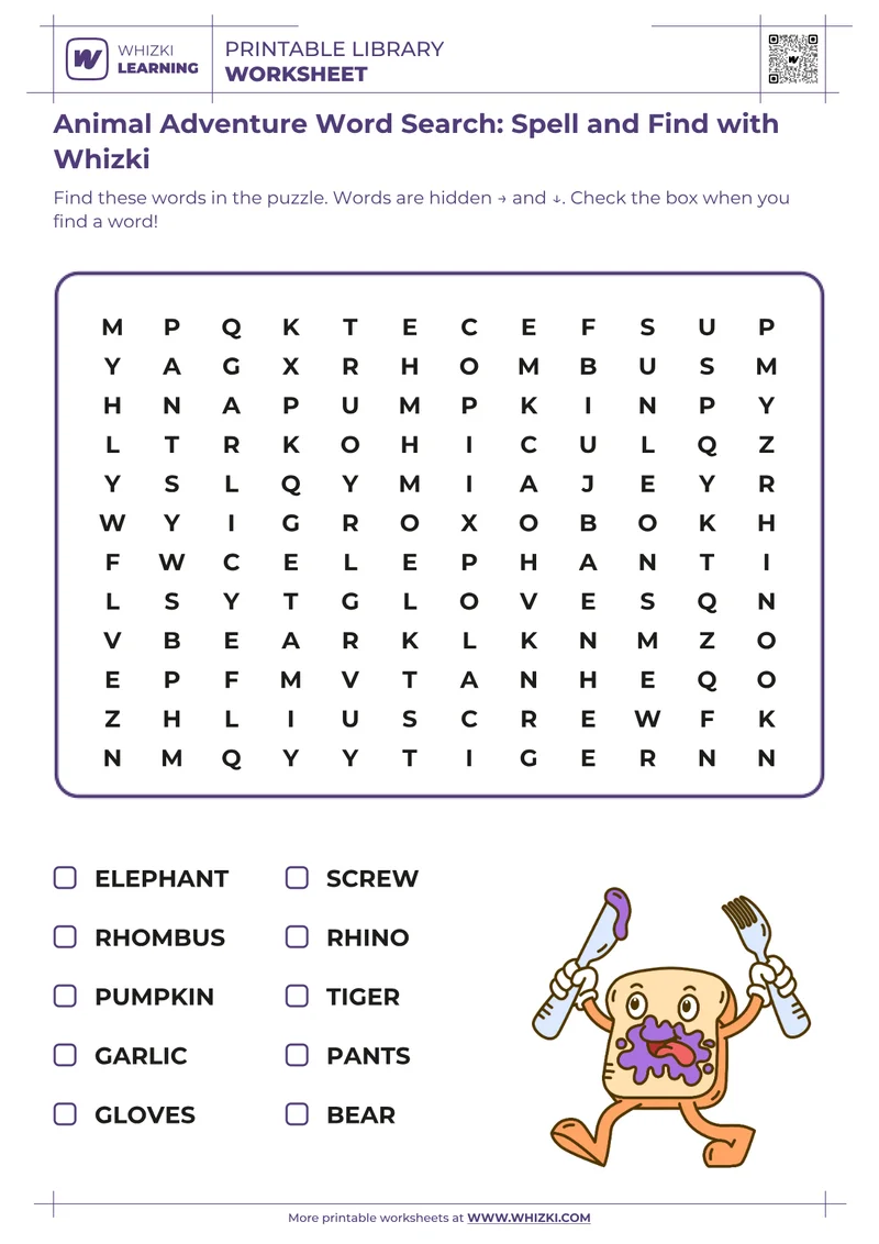 Animal Adventure Word Search: Spell and Find with Whizki