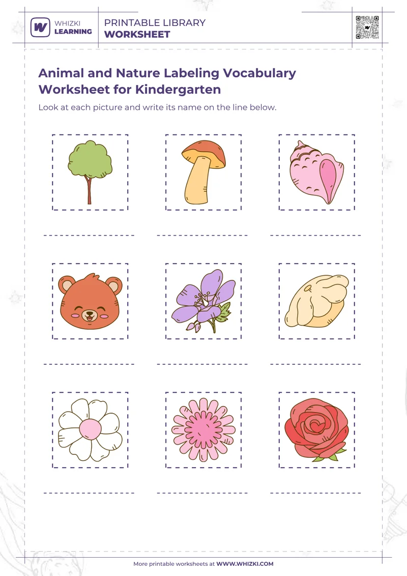 Animal and Nature Labeling Vocabulary Worksheet for Kindergarten