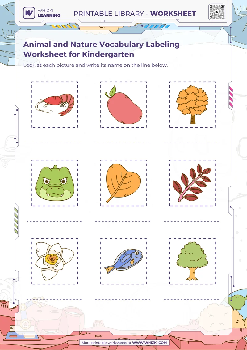 Animal and Nature Vocabulary Labeling Worksheet for Kindergarten