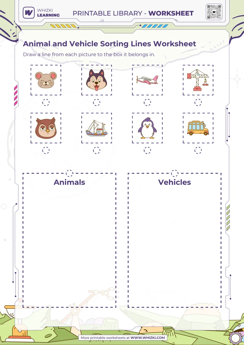 Animal and Vehicle Sorting Lines Worksheet