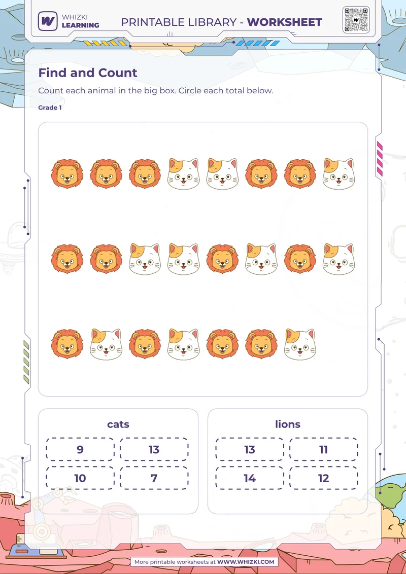 Animal Counting and Circle the Total Worksheet