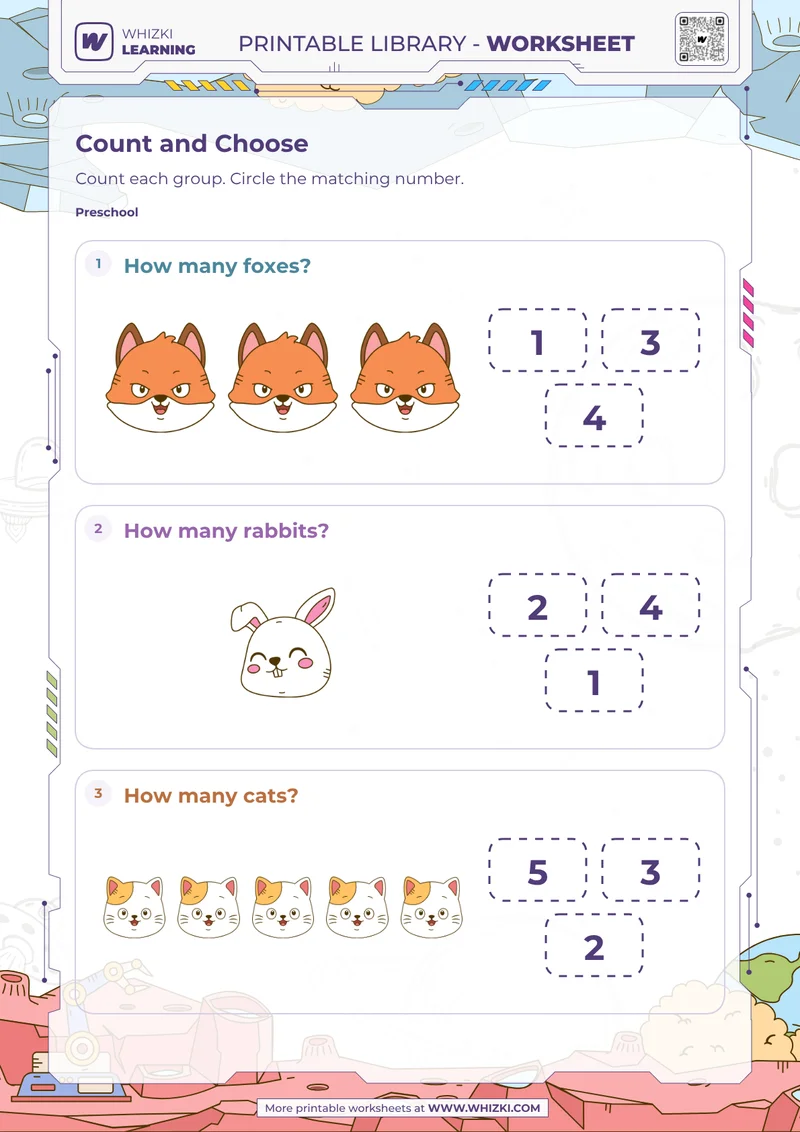Animal Counting and Number Choice Worksheet
