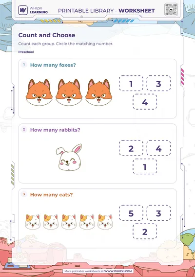 Animal Counting and Number Choice Worksheet