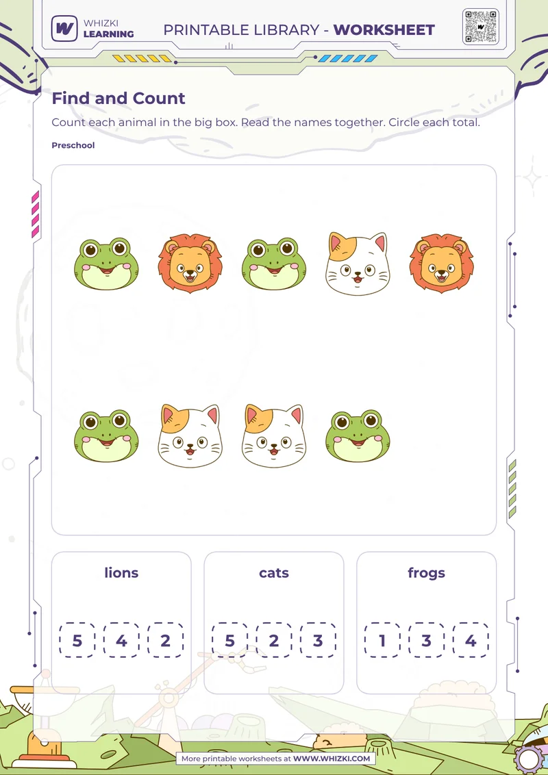 Animal Counting and Total Circling Worksheet