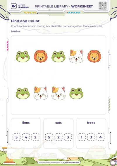Animal Counting and Total Circling Worksheet