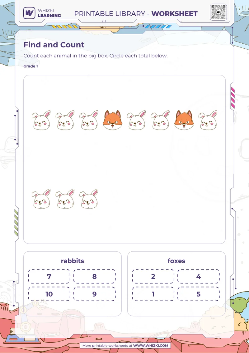 Animal Counting and Total Circling Worksheet