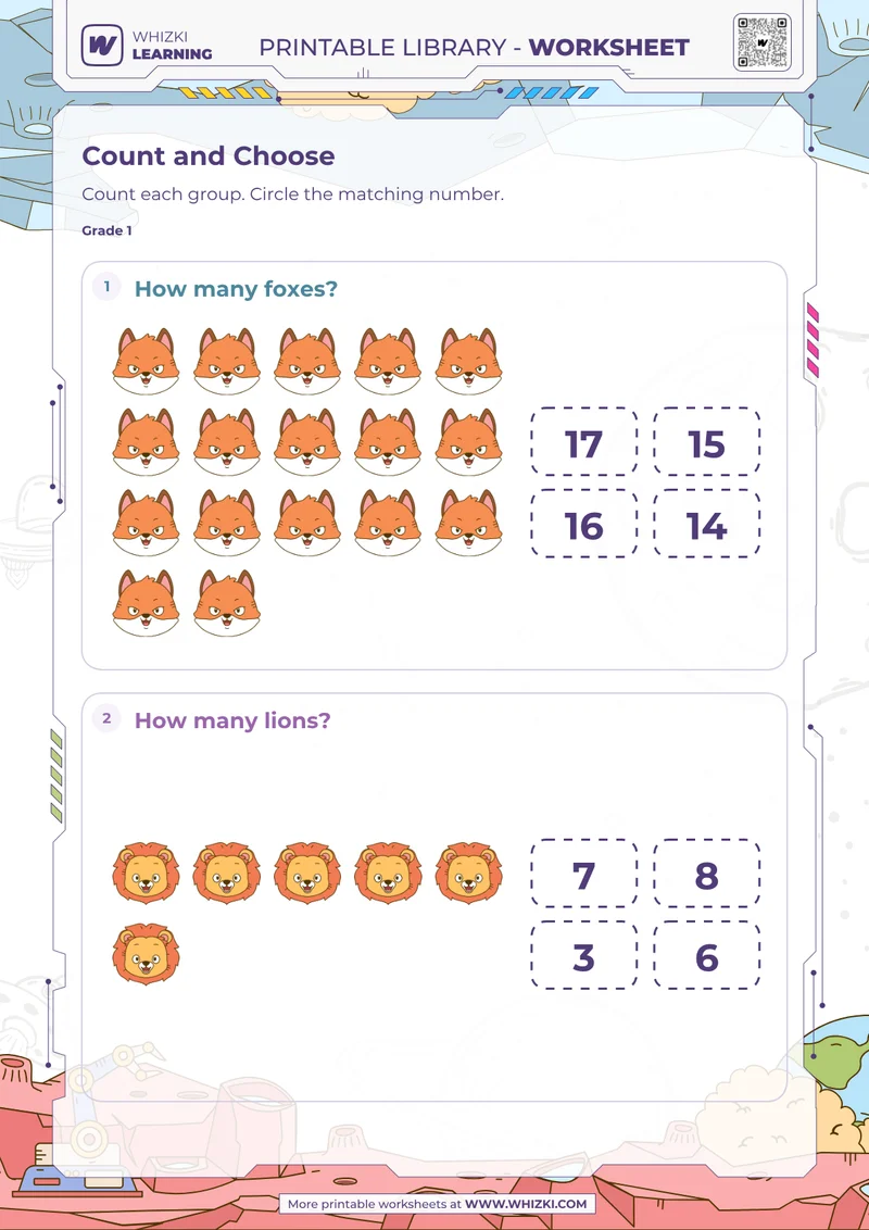 Animal Counting Number Choice Worksheet