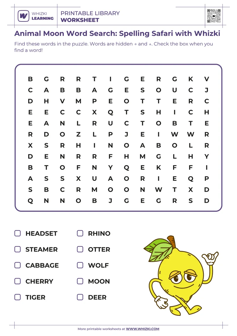 Animal Moon Word Search: Spelling Safari with Whizki