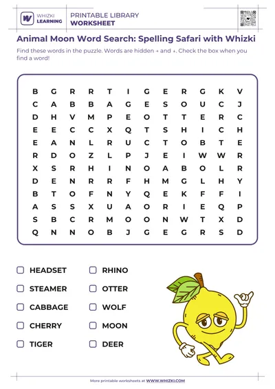 Animal Moon Word Search: Spelling Safari with Whizki