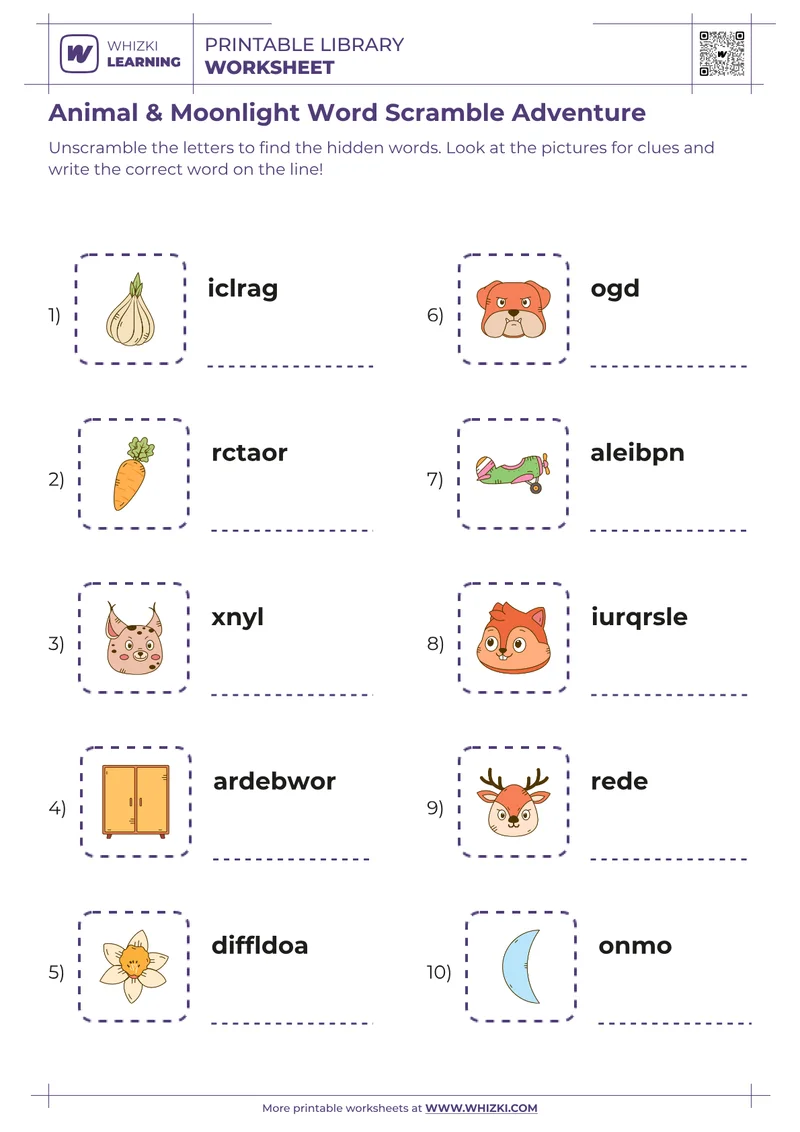 Animal & Moonlight Word Scramble Adventure