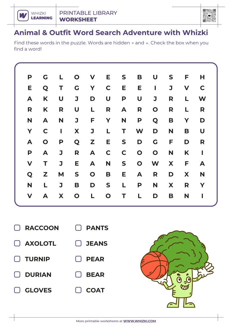Animal & Outfit Word Search Adventure with Whizki