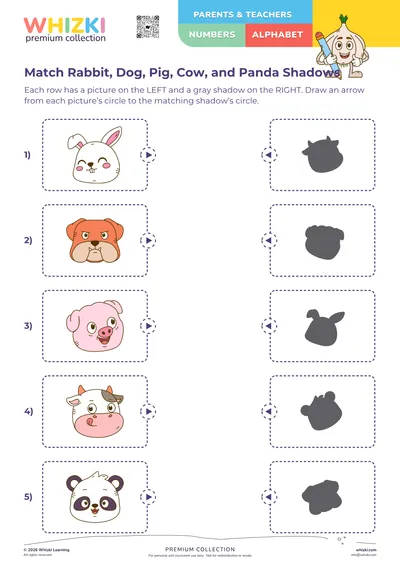 Match Rabbit, Dog, Pig, Cow, and Panda Shadows