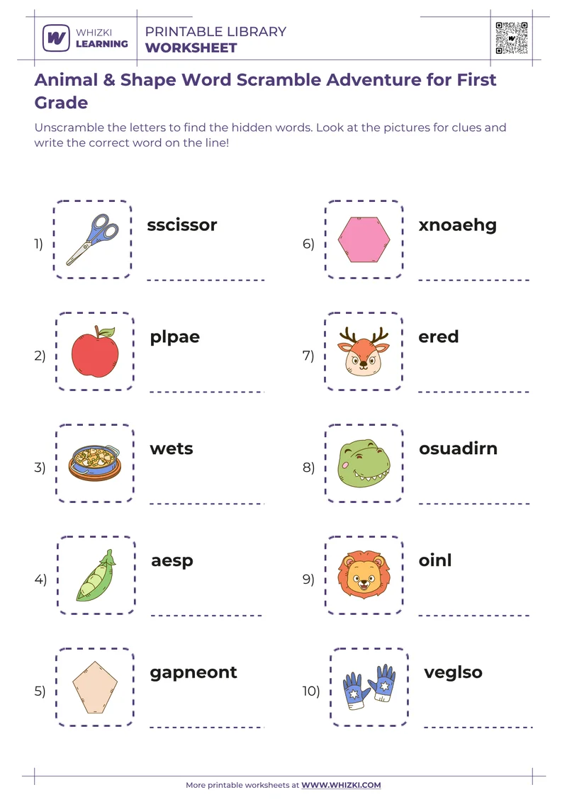Animal & Shape Word Scramble Adventure for First Grade