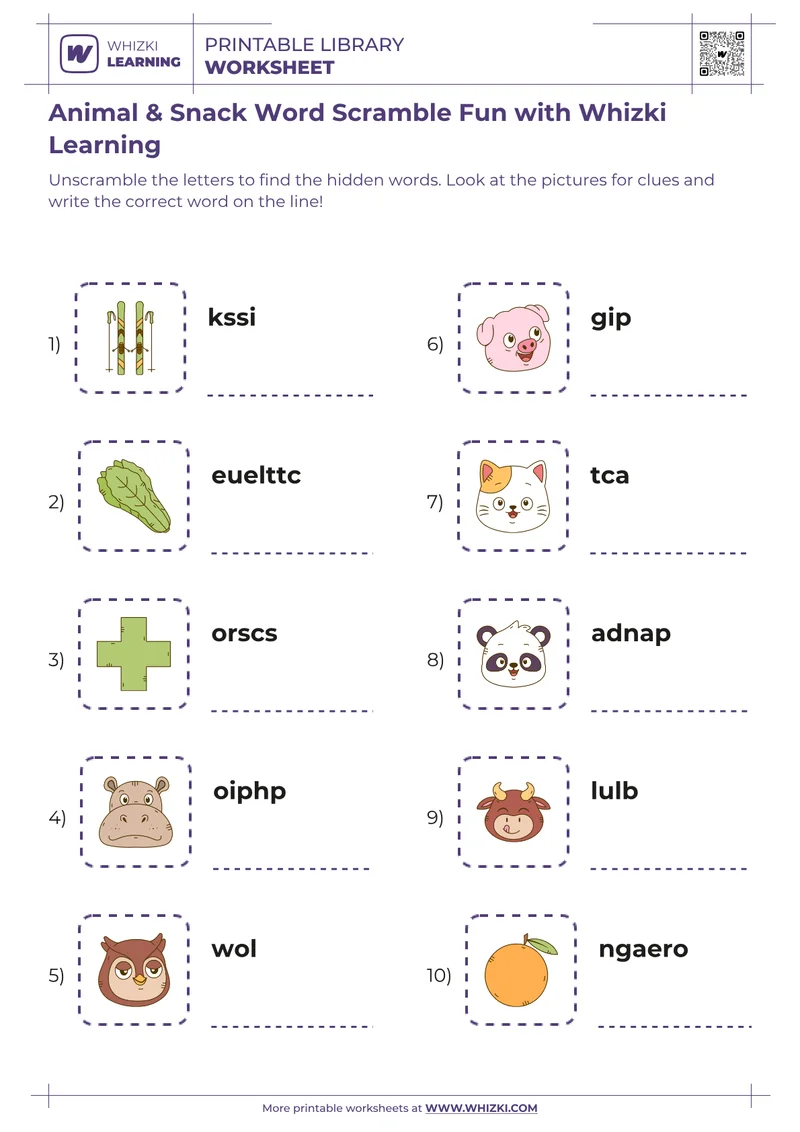 Animal & Snack Word Scramble Fun with Whizki Learning
