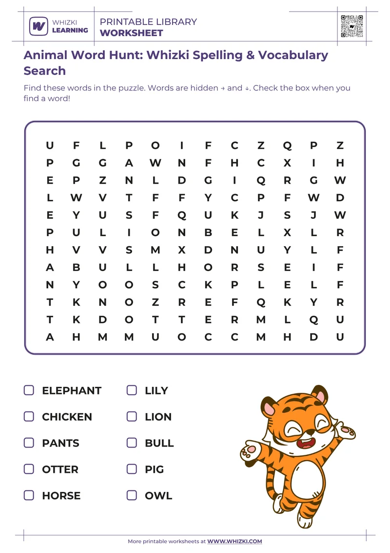 Animal Word Hunt: Whizki Spelling & Vocabulary Search