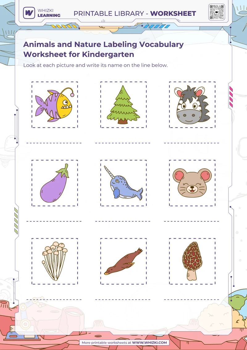 Animals and Nature Labeling Vocabulary Worksheet for Kindergarten