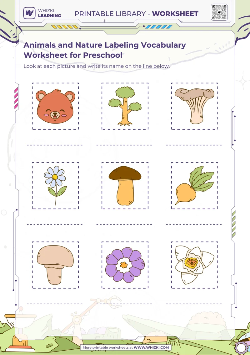 Animals and Nature Labeling Vocabulary Worksheet for Preschool