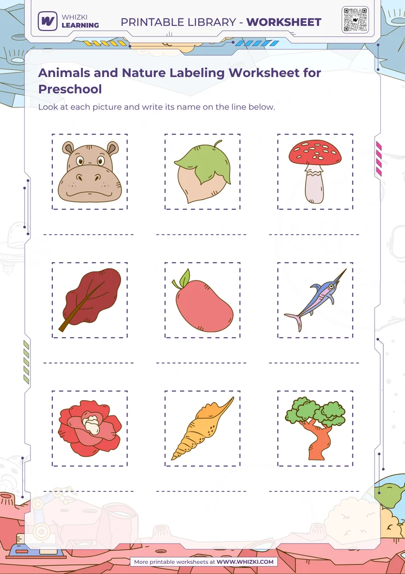 Animals and Nature Labeling Worksheet for Preschool