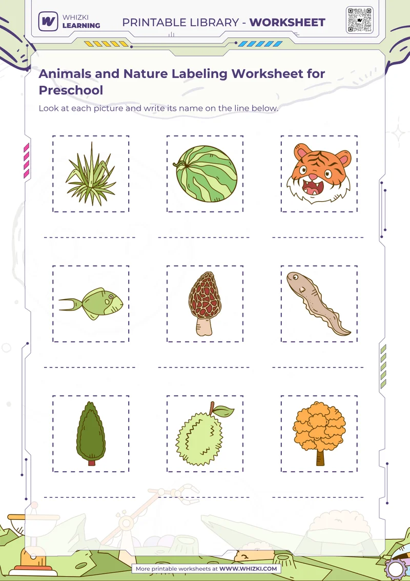 Animals and Nature Labeling Worksheet for Preschool