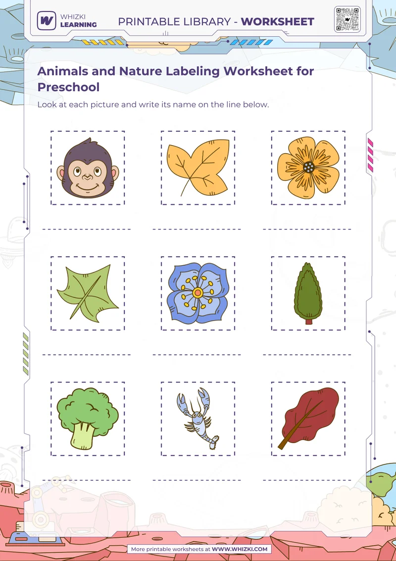 Animals and Nature Labeling Worksheet for Preschool