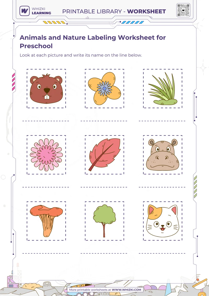 Animals and Nature Labeling Worksheet for Preschool